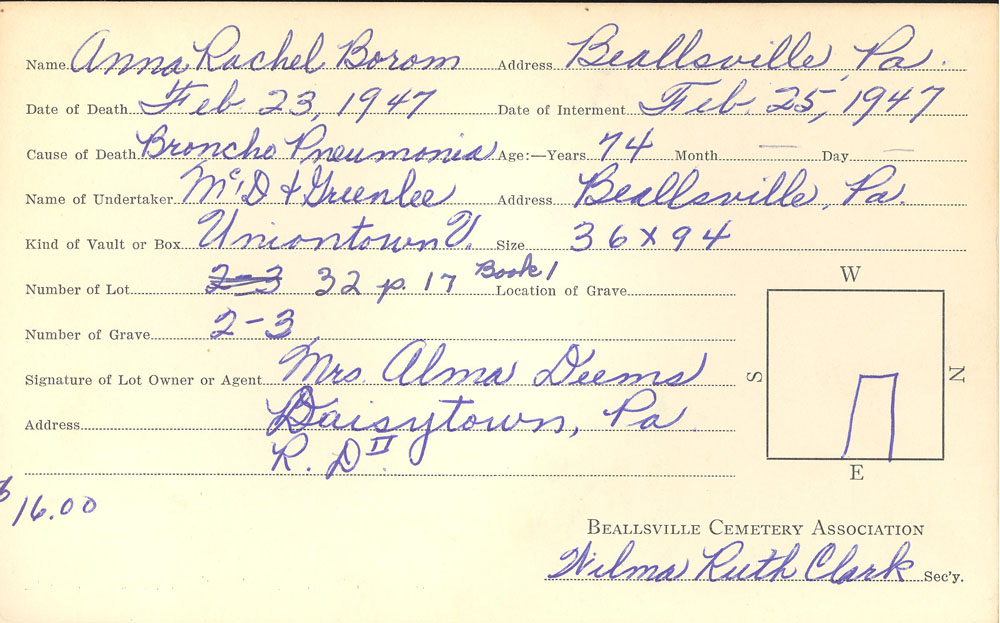 Anna Rachel Borom burial card